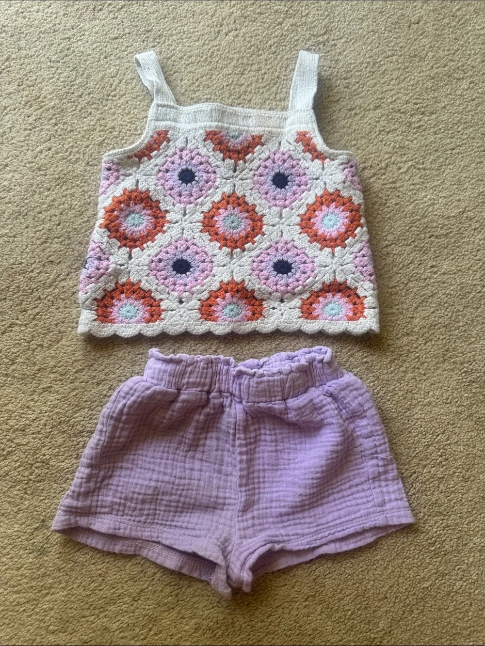 Rare Editions Baby Girl 12M Crochet Granny Square Top & Purple Shorts Set